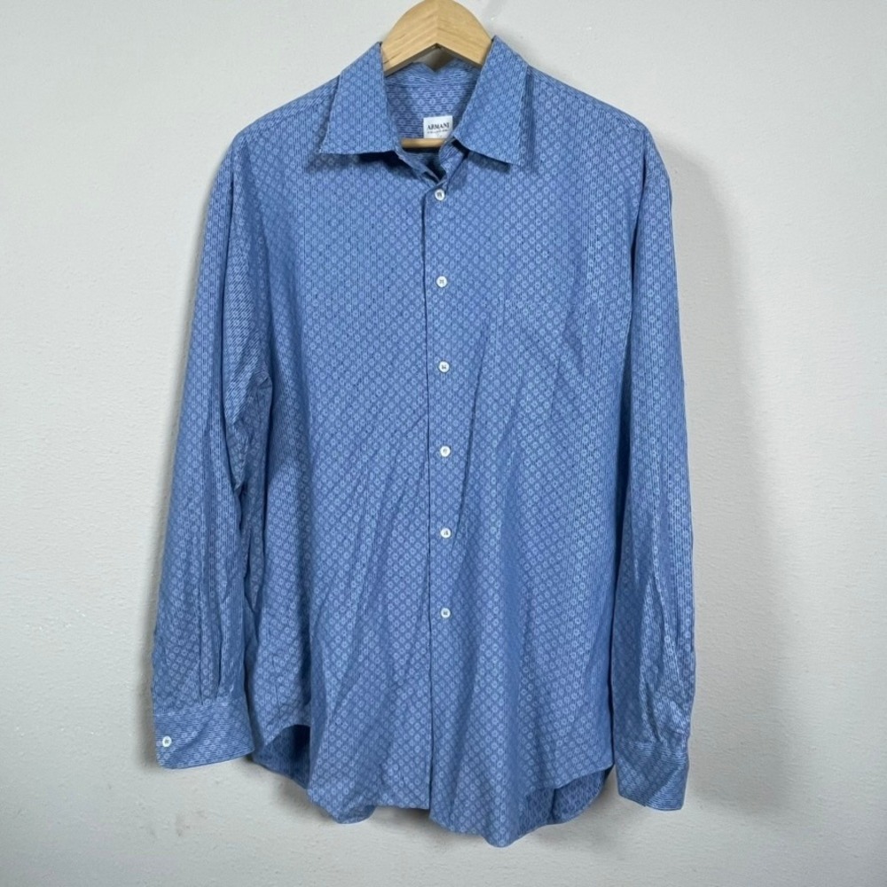 Armani Collezioni Dress Shirt Men L Blue Office Designer Geometric Sartorial